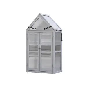 French Gray UV Resistant Cedar Mini Greenhouse Adjustable Removable Shelves Tilt Open Roof Panels Anti-Damp Elevated Feet Sliding Wall Mount Brackets Small Plant Cold Frame For Balcony Patio Garden Vegetables Seedlings Herbs
