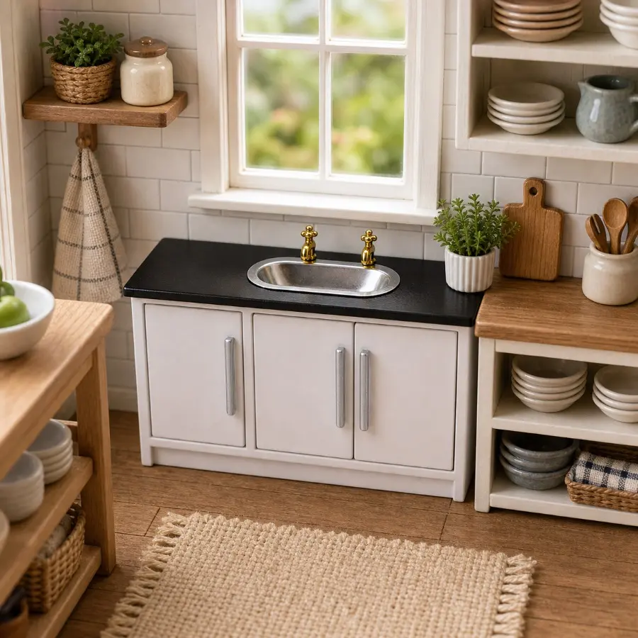 Miniature Dollhouse Bathroom Vanity Sink Cabinet White Washbasin Storage Unit Mini Furniture DIY Scene Decor Christmas Easter New Year Gift Doll House Accessory