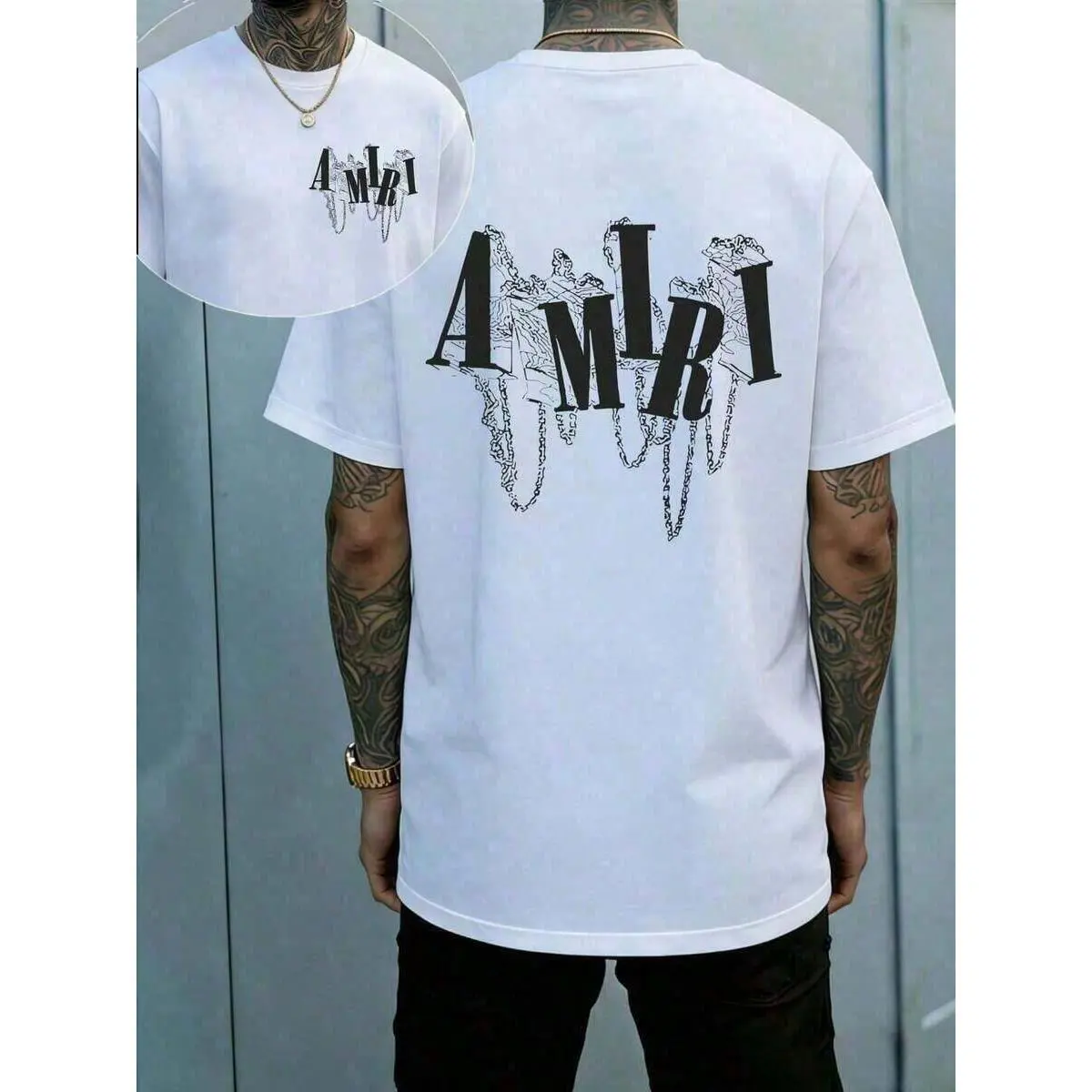 1 Pcs AMIRIs Chain Drip Letter Y2K T-Shirt Double Sided Printed (220g 100% Cotton T-Shirt), Summer Clothes, Men's Tops, Casual And Comfortable