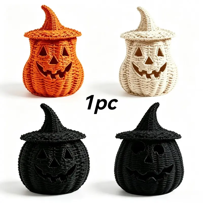 1Pc Halloween Pumpkin Woven Storage Basket Candy Bowl Boho Farmhouse Rustic Spooky Cute Aesthetic Imitation Rattan Wicker Orange Black Witch Hat Lid Hollow Jack O Lantern Home Table Organizer Party Gift