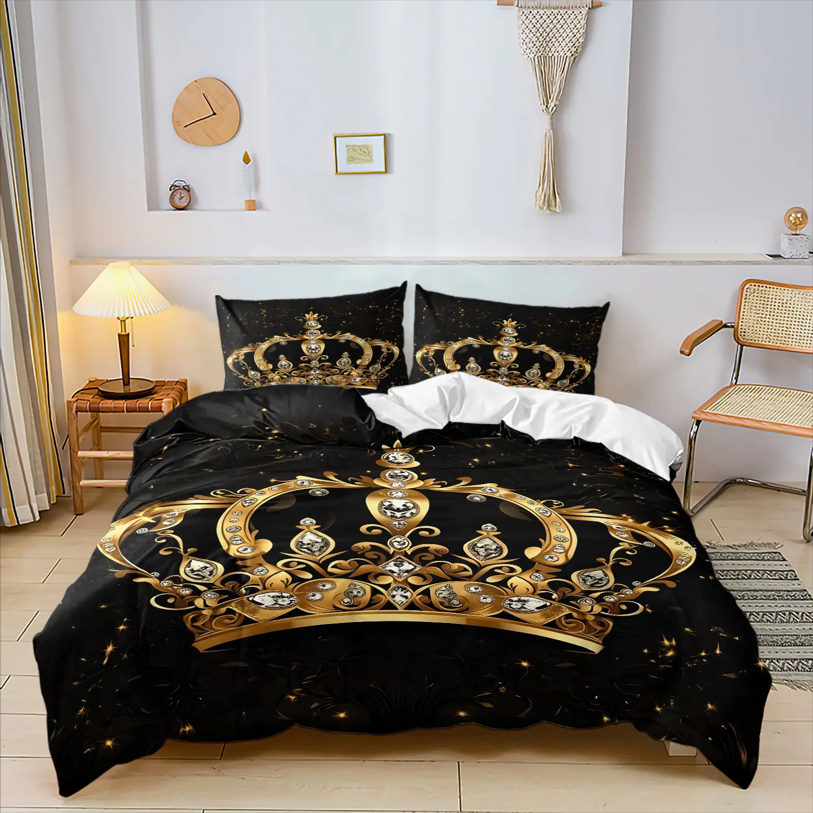 European Vintage Gold Gem Crown Duvet Cover Set, Include 1 Quilt Cover and 1/2 Pillowcases, Trendy Black Base Sparkle Diamond Luxury Print Comforter Cover, Premium Noble Bedroom Decor Bedding, Washable No Fading, Printed Bedding Set