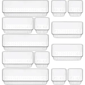 12 Piece Clear Drawer Organizer Set, 3 Sizes Bathroom Vanity Organizer Trays & Storage Bins for Makeup Cosmetics Jewelry Gadgets, Perfect for Office Kitchen Bedroom Bathroom Use