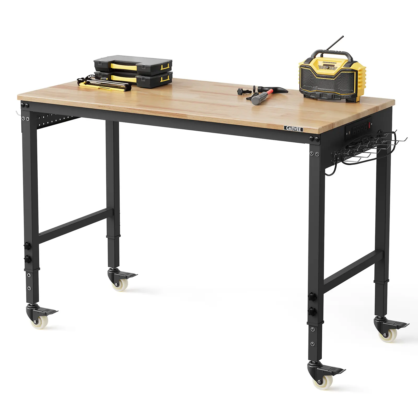 Adjustable Height Workbench - 48x24 In Rubberwood Top, 6 Levels, 2000 lbs Capacity, ETL Power Outlets, Swivel Casters, Pegboard Hooks, Garage Home Improvement Storage, Ideal for Woodworking Shop