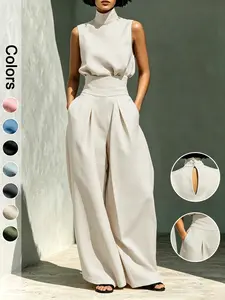 Elegant Two-Piece Set for Women, Simple Style Linen-Like Blend High-Neck Sleeveless Top and Wide Leg Pants, Chic Monochrome, Womenswear, Lady