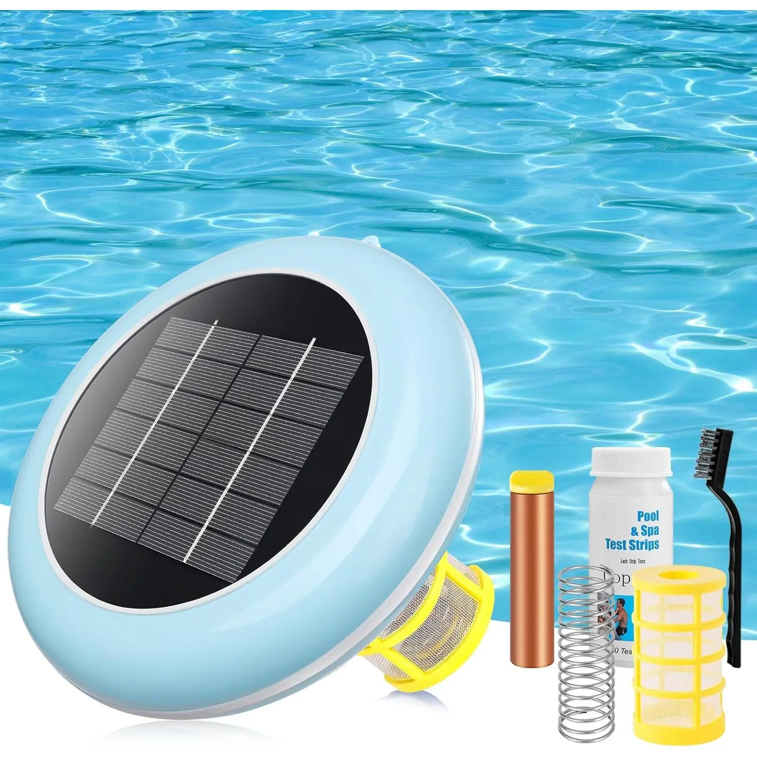 Pool Ionizer Solar Powered,Copper Ionization,Floating Automatic Water Cleaner and Purifier,Up to 65,000 Gal,85% Less Chlorine, Chlorine Free Water,Smart Replacement