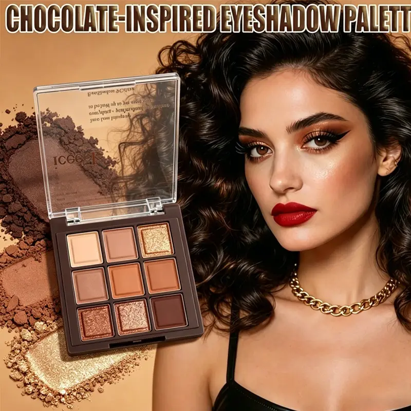 9-color chocolate eyeshadow palette in warm earthy tones. Cosmetic Makeup Matte and shimmer finishes blend seamlessly. Versatile shades for everyday soft looks and party glam styles