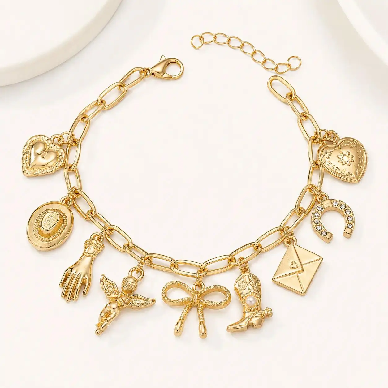 Summer Gift Women's Vintage Gold Charm Bracelet - Western Cowgirl Jewelry With Bow, Cowgirl Hat, Boots & Horseshoe Pendants, Coastal Cowgirl Aesthetic Summer Gifts