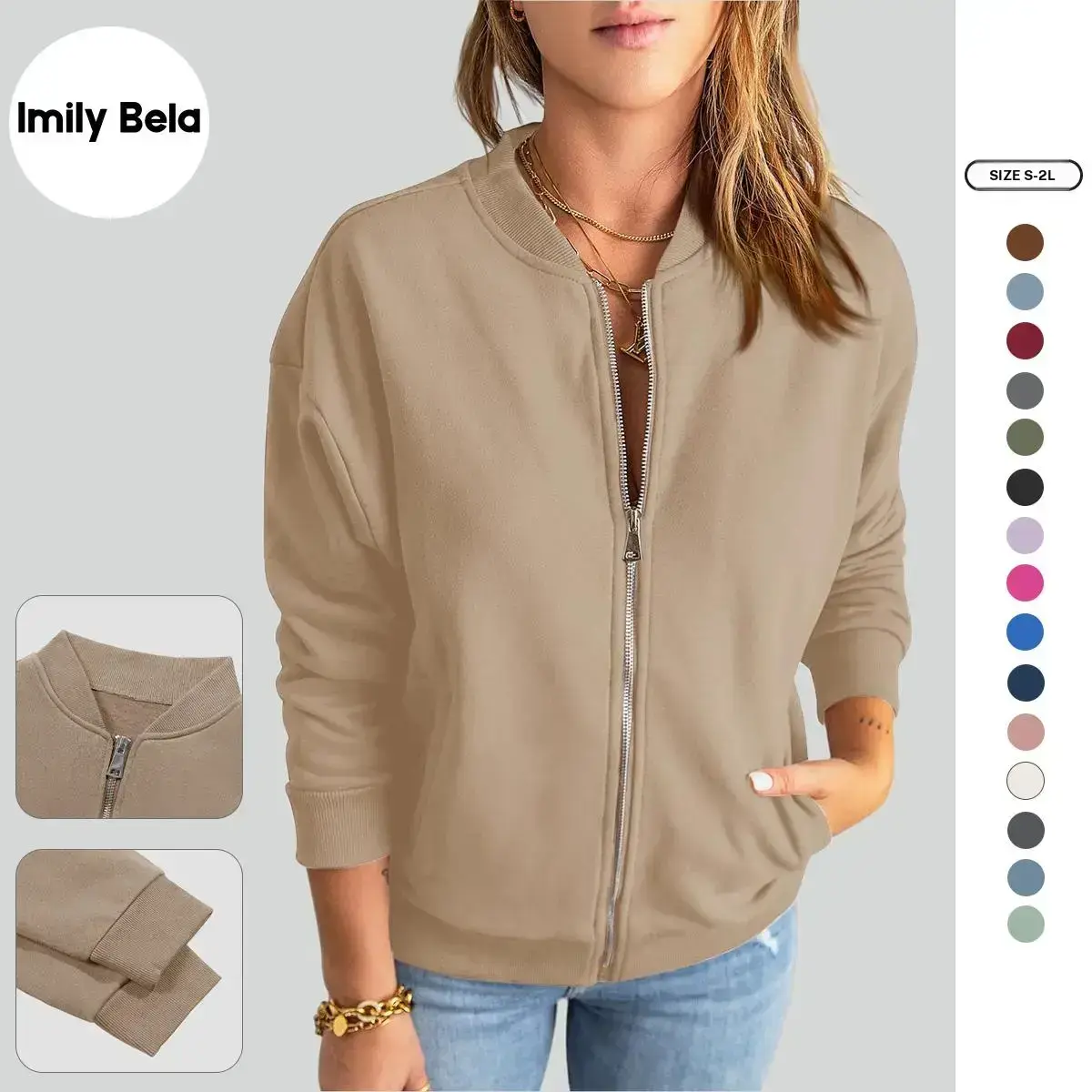Imily Bela Womens Zip Up Sweatshirts Jackets Long Sleeve Casual Loose Outwear with Pockets