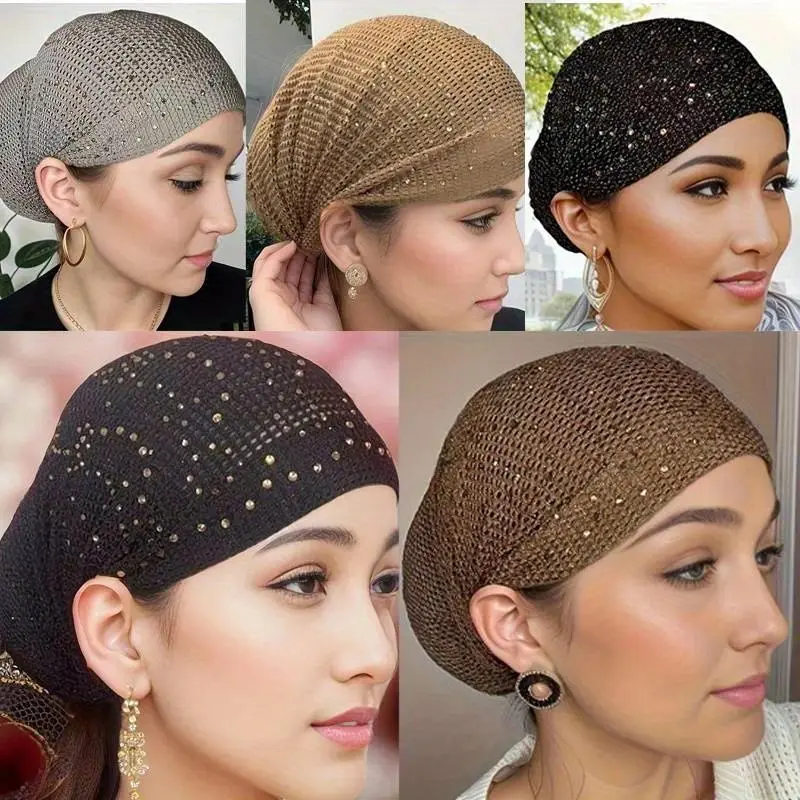 3-Pack Women's Hair Bonnets in Solid Color Polyester, Elegant Headwear with Rhinestone Hollowed-out Band, Lightweight & Breathable