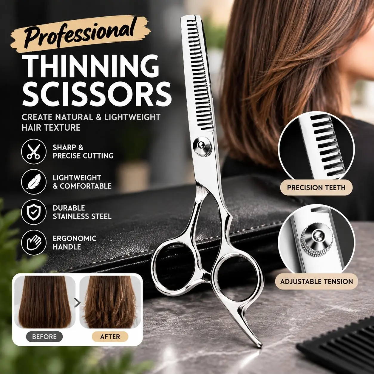 Anti-thinning haircut scissors, stainless steel textured shears, comfortable curved handles, suitable for salon and home hairdressing