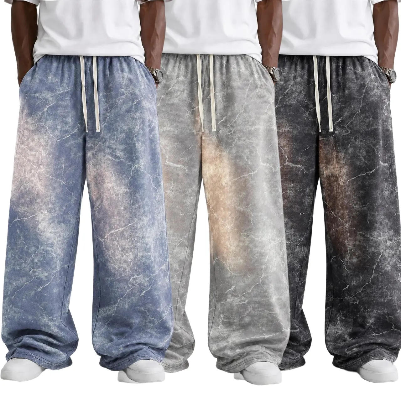 Veiskor Men's Baggy Wide Leg Jogger Pants - Tie Dye Acid Wash, Elastic Drawstring Waist, Loose Fit, Polyester Mix Full Length Casual Street Vintage Loungewear Sweatpants