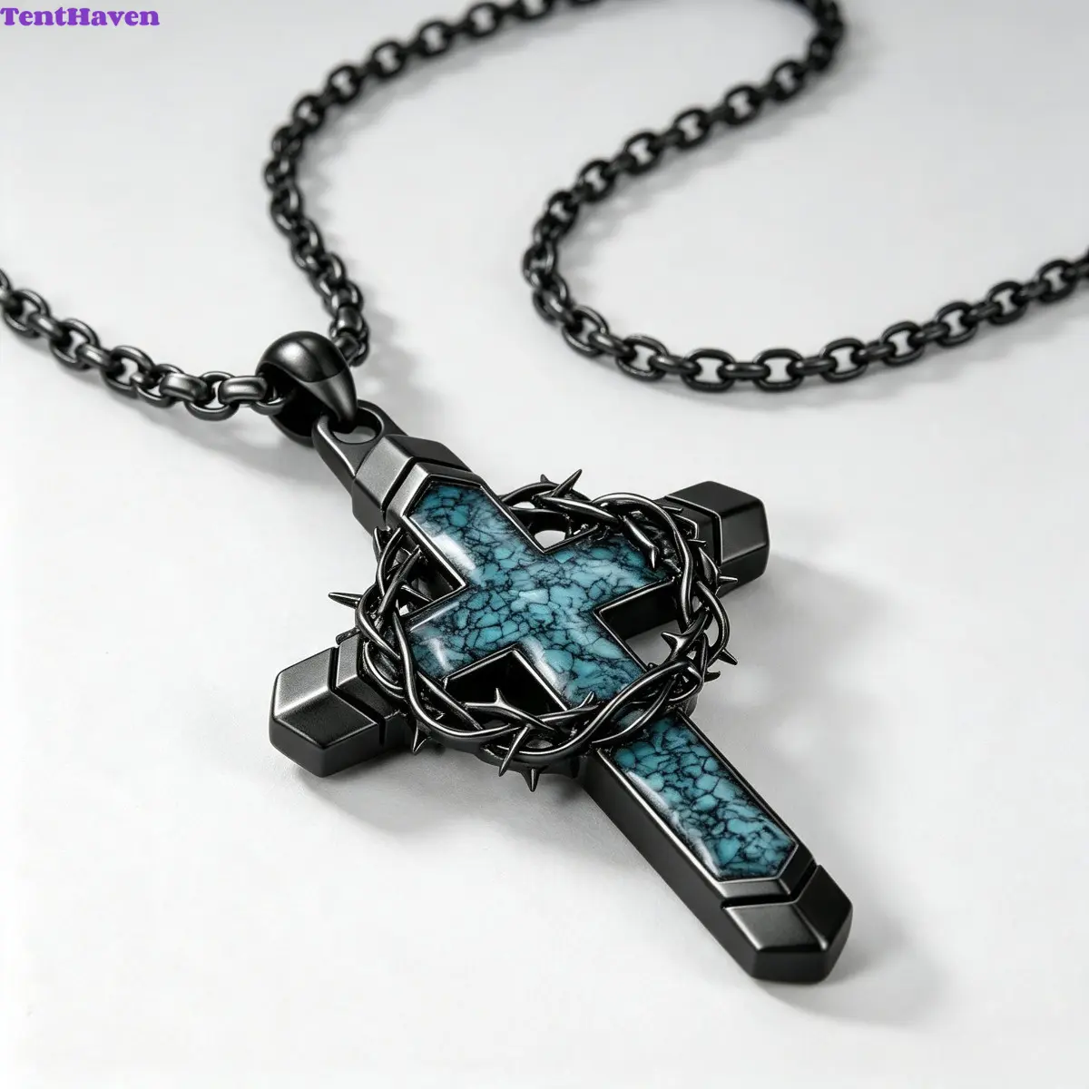 Cross Necklace, Turquoise Stone Thorn Wreath Cross Pendant, Religious Unisex Jewelry, Crown of Thorns Black Metal Cross Accessory, Wearable Neck Chain for men and women, Durable All-Metal Craft, Versatile 2-In-One Design for Daily Outfit Wear, Travel Lugg
