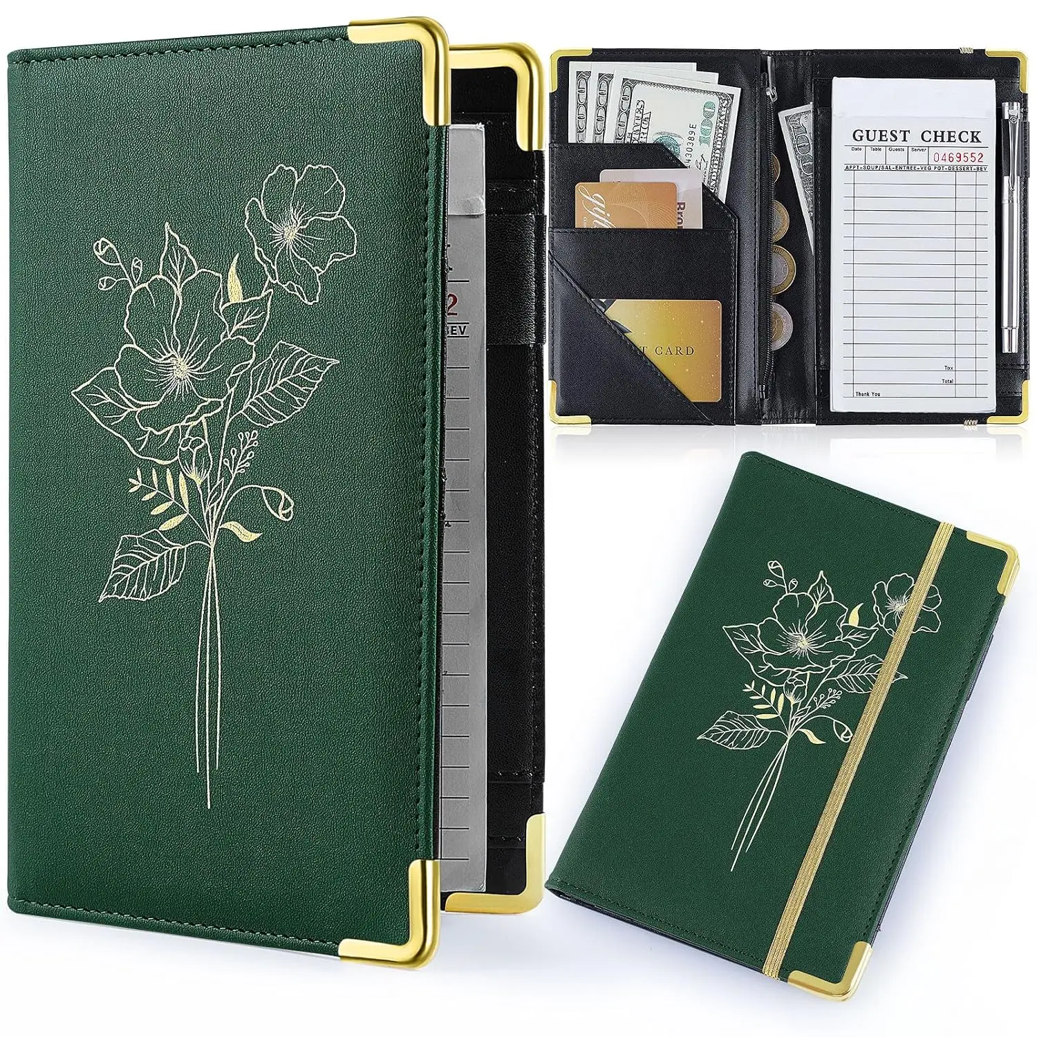 Server Books for Waitress, PU Leather Server Book with Zipper Pockets, Flower  Waitress Book with Pen Holder Fit Server Apron Check Presenters for Restaurants