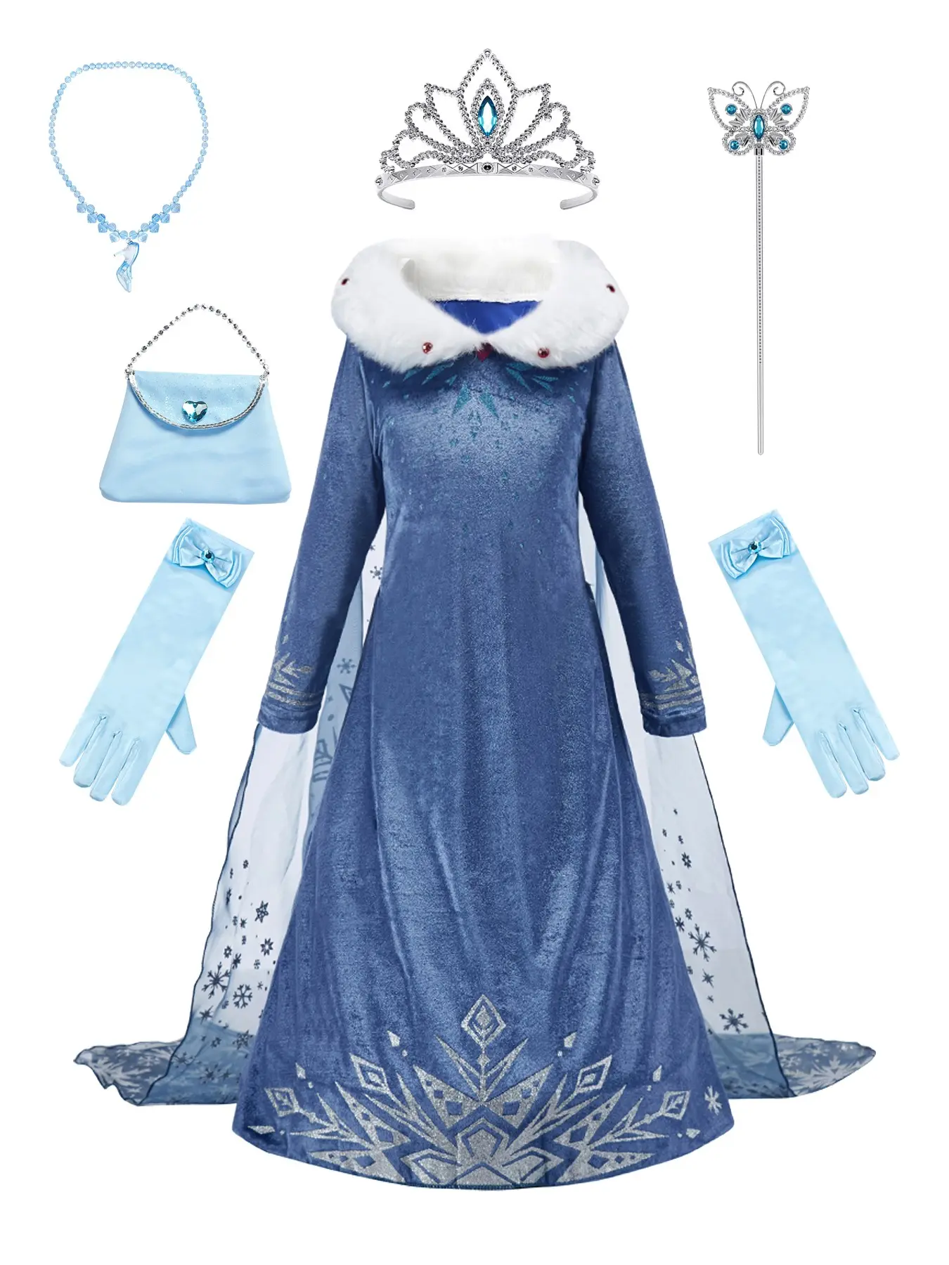 Girls Navy Velvet Long Sleeve Princess Gown, Faux Fur Collar Silver Snowflake Print Tulle Train Cape Dress, Complete Cosplay Set with Tiara Butterfly Wand Handbag Jewelry Gloves for Halloween Party