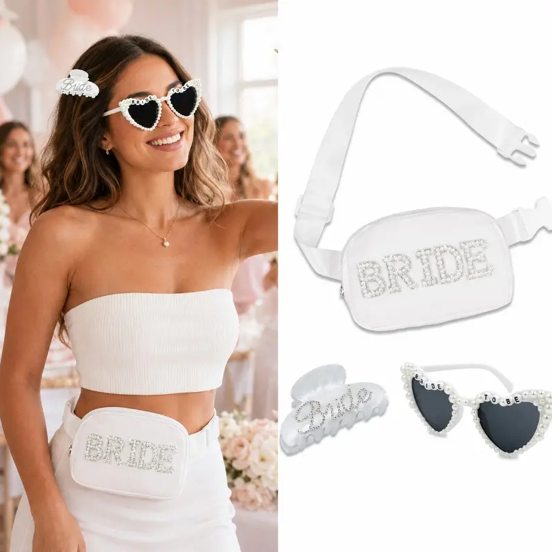 3Pcs Bride Accessory Set with Rhinestone Claw Clip, Heart Shape Pearl Sunglasses & Adjustable Polyester Fanny Pack, Wedding Celebration Gift