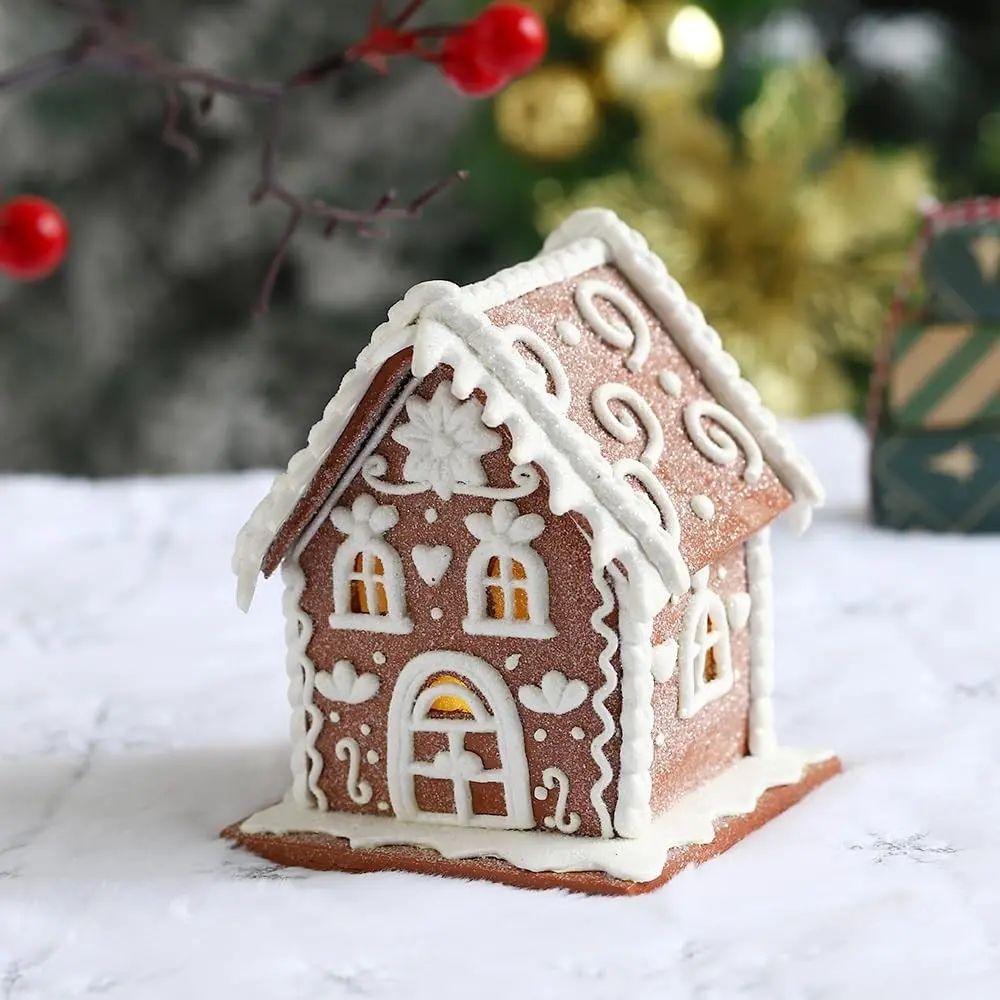Gingerbread House Christmas Decorative Item - 1PC Clay Dough Cookie, White House Shape Ornament with Led Lights, Fits Tabletop for Holiday Party Home Decoration