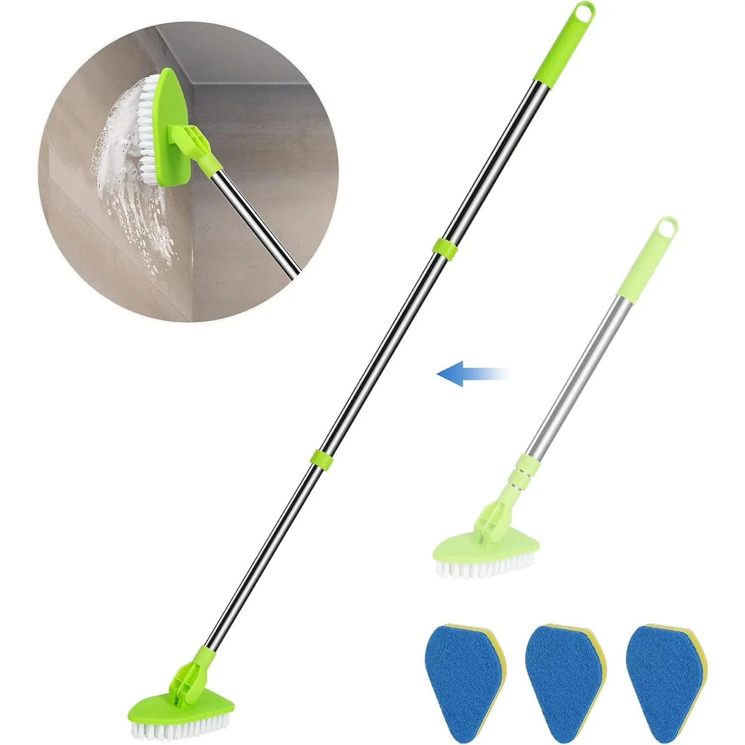 2 in 1 Scrub Cleaning Brush with 37” Long Extendable Handle,1 Stiff Bristle and 3 Sponge Brushes, Lightweigh Detachable Shower  for Cleaning Bathroom Shower Bathtub Glass Tile Floor
