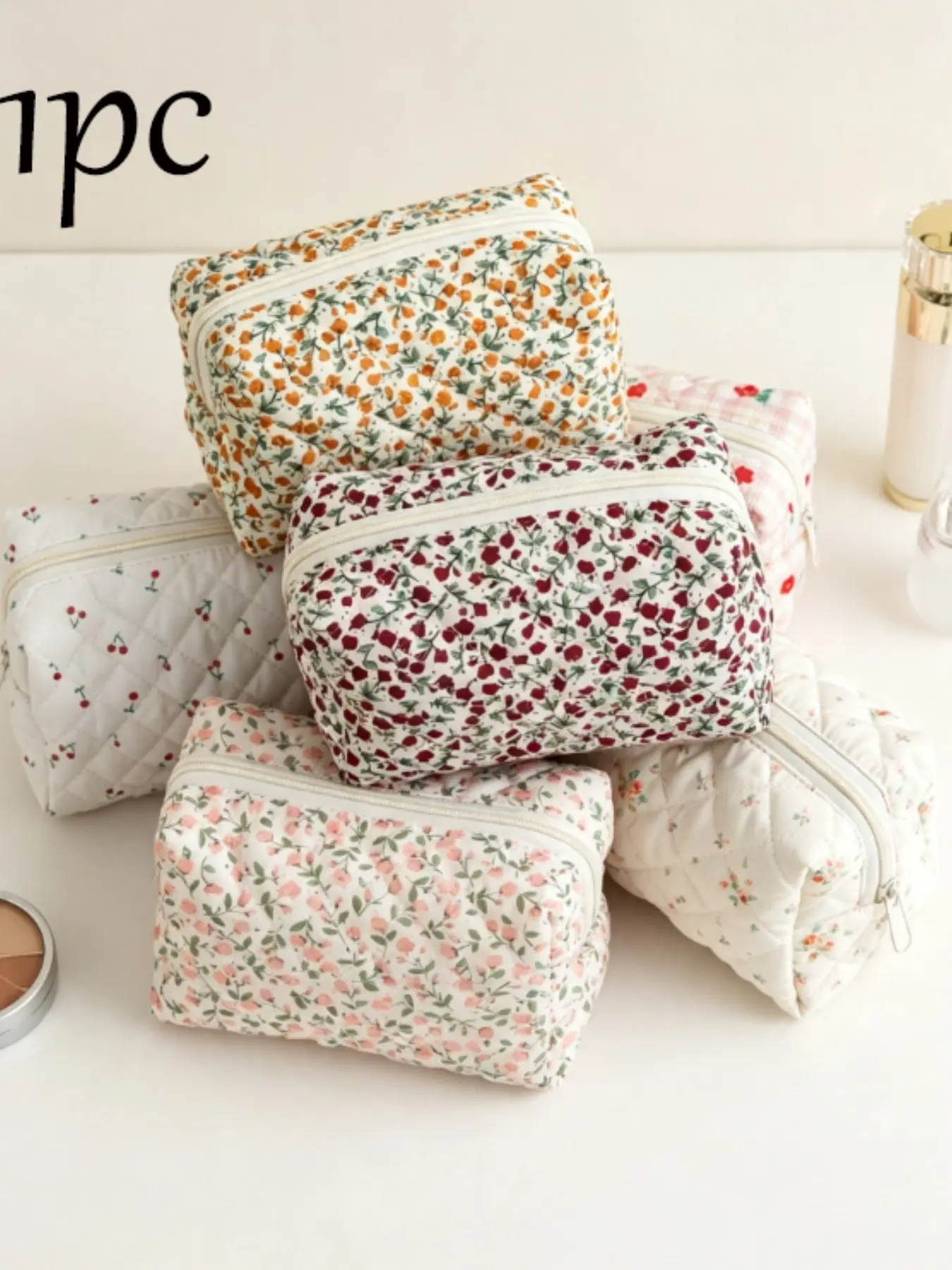 Garden Style Floral Quilted Makeup Bag, Travel Beauty Bag, Portable Travel Cosmetic Pouch, Multi-Function Zipper Storage Bag, Ideal for School, Daily Use, Travel