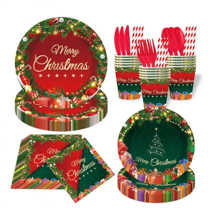 1set 8Pcs Set For 10 Guests Christmas Disposable Tableware Set Classic Holiday Plaid Aesthetic Paper Plates Cups Napkins Cutlery Straws Santa Tree Snowman Family Dinner Party Supplies Gift