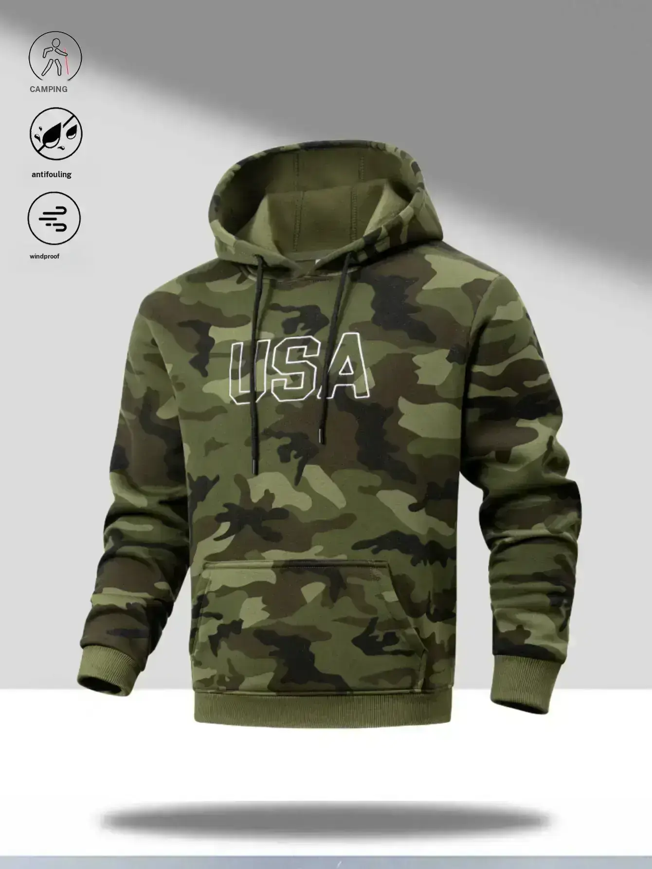 Men's Casual Fitted Pullover Hoodie with Camouflage Sleeves, USA Graphic Print and a Front Kangaroo Pocket, Adjustable Men's Sweatshirts