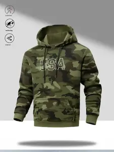 Men's Camo Hoodie Pullover Tops Fitted Long Sleeve Lettering Adjustable Drawstring, USA Print, Windproof, Antifouling, Large Pocket, for Outdoor Camping & City Style, Father's Day Gift, Lettering Men's Sweatshirts