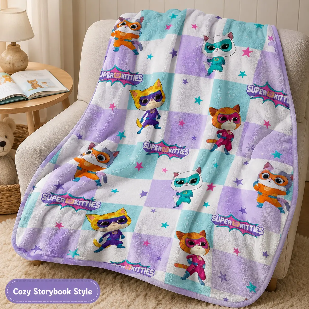 1pc Super Kitties Flannel Throw Blanket, Cute Cartoon Hero Cat Checkered Design with Colorful Masked Kittens, Stars, Mint Green and Purple Squares, Soft Cozy Lightweight Warm Blanket for Kids Bed, Nursery, Sofa, Nap, Travel and Birthday Gifts