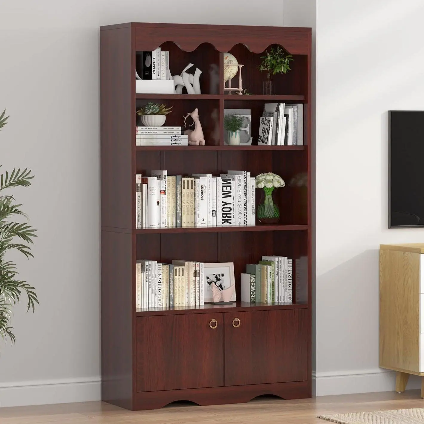 GARVEEBookshelf, 5 Tier Open Bookcase and Bookshelf, Modern Bookcase with Doors, Wood Bookcase Storage Organizer Shelf, 63 in Tall Display Storage Shelves for Bedroom Living Room Office, Brown