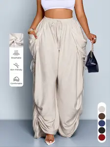 Women's Plus Size Casual Solid Color High Waist Drawstring Wide Leg Pants, Loose-Fitting Baggy Long Pants for All Seasons, Daily Commute Style