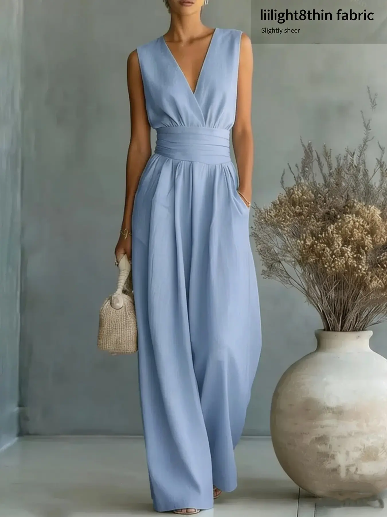 Elegant Women's Deep V Neck Sleeveless Loose Wide Leg Romper with Pockets, Solid High Waist Long Pants, Stylish, Casual and Comfortable