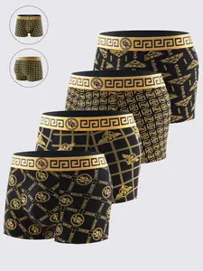4-Pack Men's Boxer Briefs, Soft Comfortable High-End Underwear, Sporty Casual Fashion Black Gold Trunk Shorts