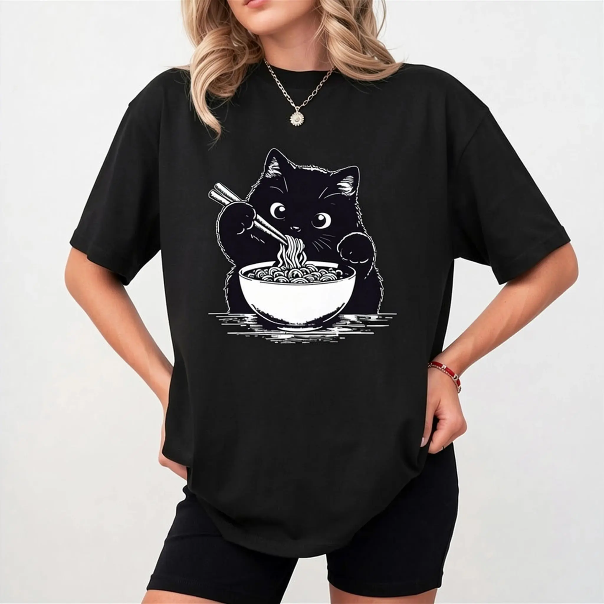 Women's Graphic T-Shirt with a Kawaii Black Cat Ramen Print, Oversized Japanese Streetwear, Casual Short Sleeve Crewneck Cotton Top, Tshirt, Women's Graphic Tees, Round Neck, Crew Neck, Lightweight, Classic, Aesthetic Streetwear, Kawaii Print