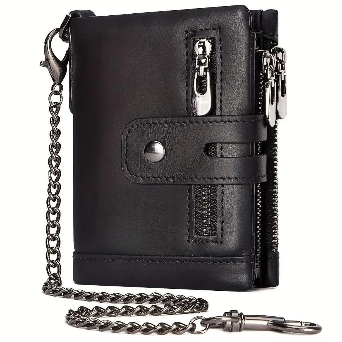 Men's Short Chain Wallet in Genuine Leather, Anti-Theft with RFID Blocking, Double Zipper Coin Pocket and Card Holder, Rfid Men's Wallet, Men's Gift Ideas
