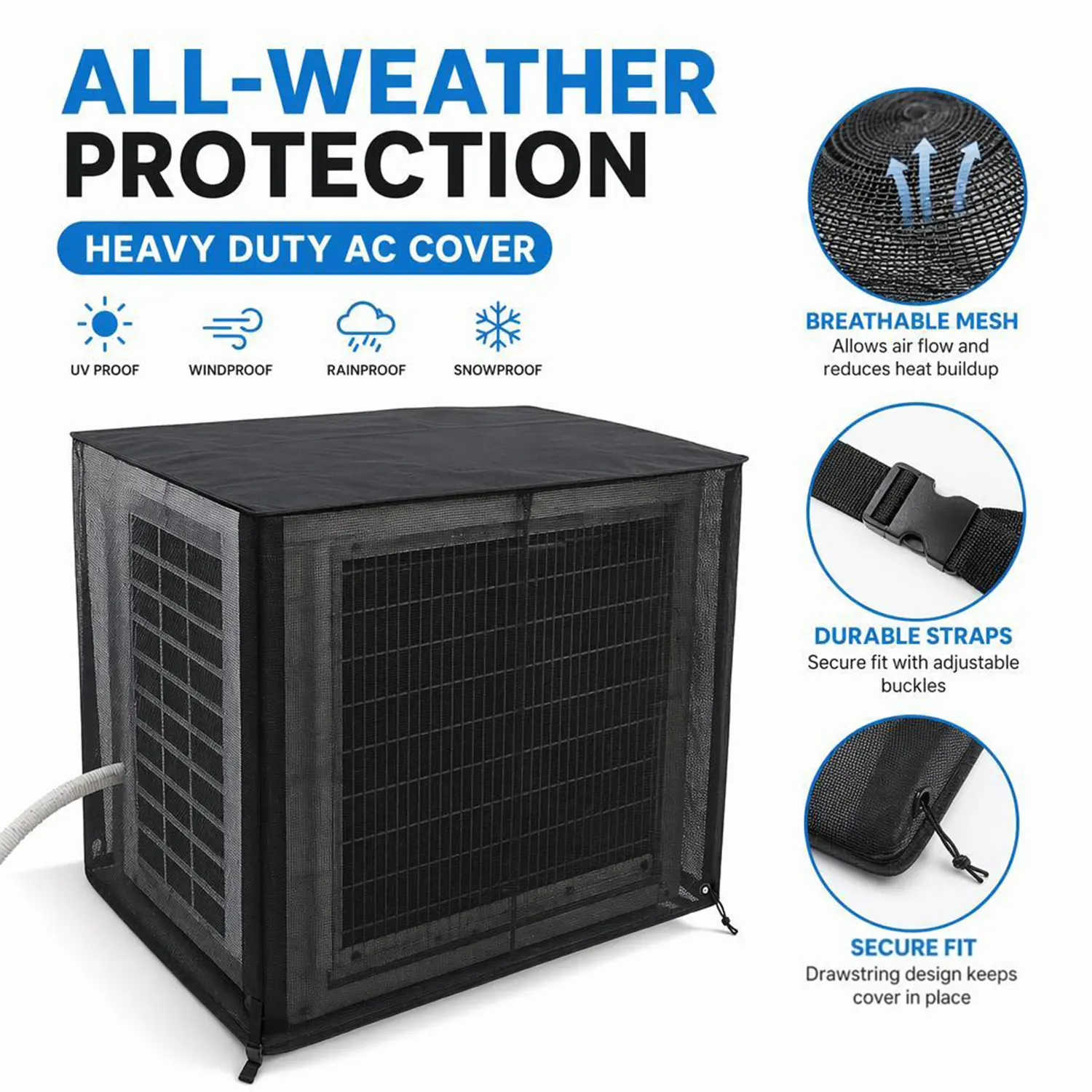 Heavy-Duty Fabric Outdoor AC Cover - Waterproof, Breathable, Full Mesh Cover with Top Ventilation, Windproof, Bug/Leaf/Debris Protection, All-Season Use, Easy Install & Washable for Condenser Units, Water Proof, Universal Fit
