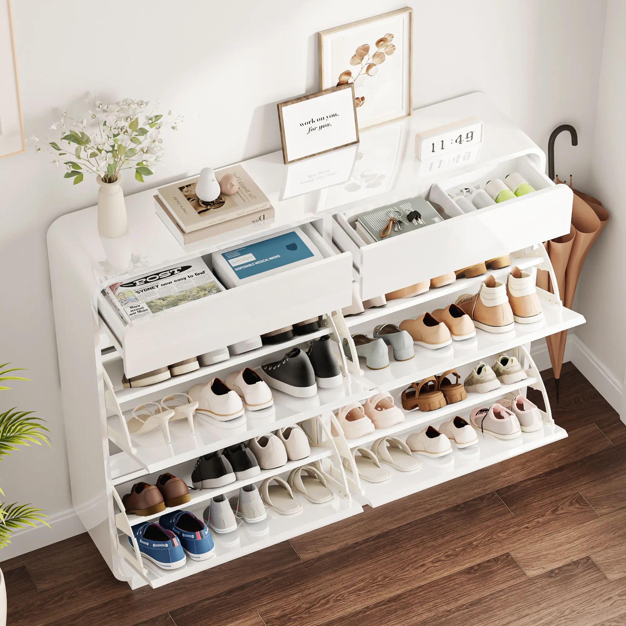 Modern High Glossy Shoe Cabinet with Large Flip Drawers & Top Storage Drawers with Adjustable Shelves,  Shoe Storage Cabinet for Entryway, Hallway, Front Door, Apts White/Black