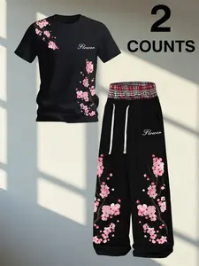 Men's Two-Piece Fashion Casual Set, Cherry Blossom Print Round Neck T-Shirt and Wide Leg Pants, All Season Wear, Versatile