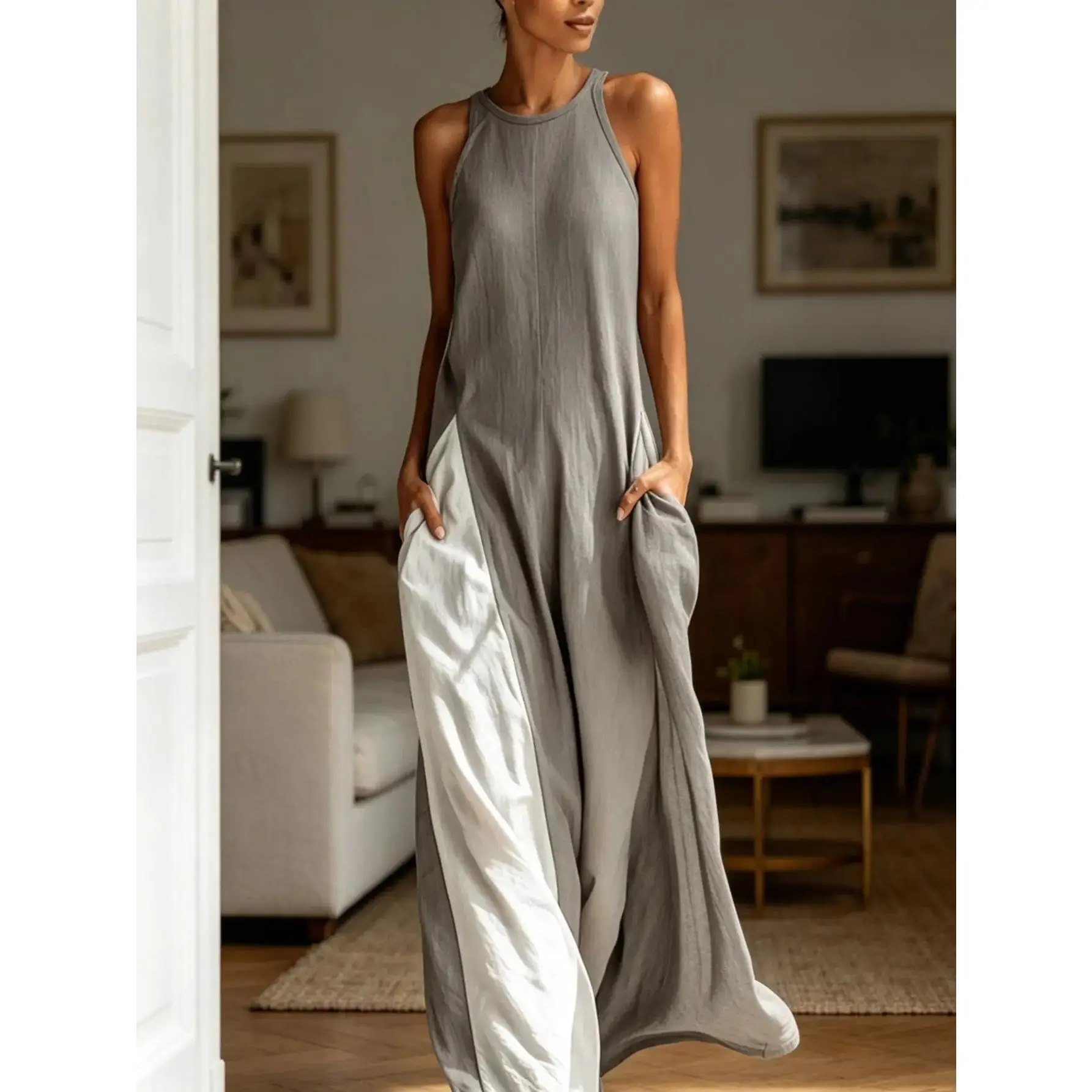 2026 Plus Size Women's Casual Maxi Dress, Sleeveless Off-Shoulder Color Block Design with Pockets, Loose Relaxed Fit, Lady