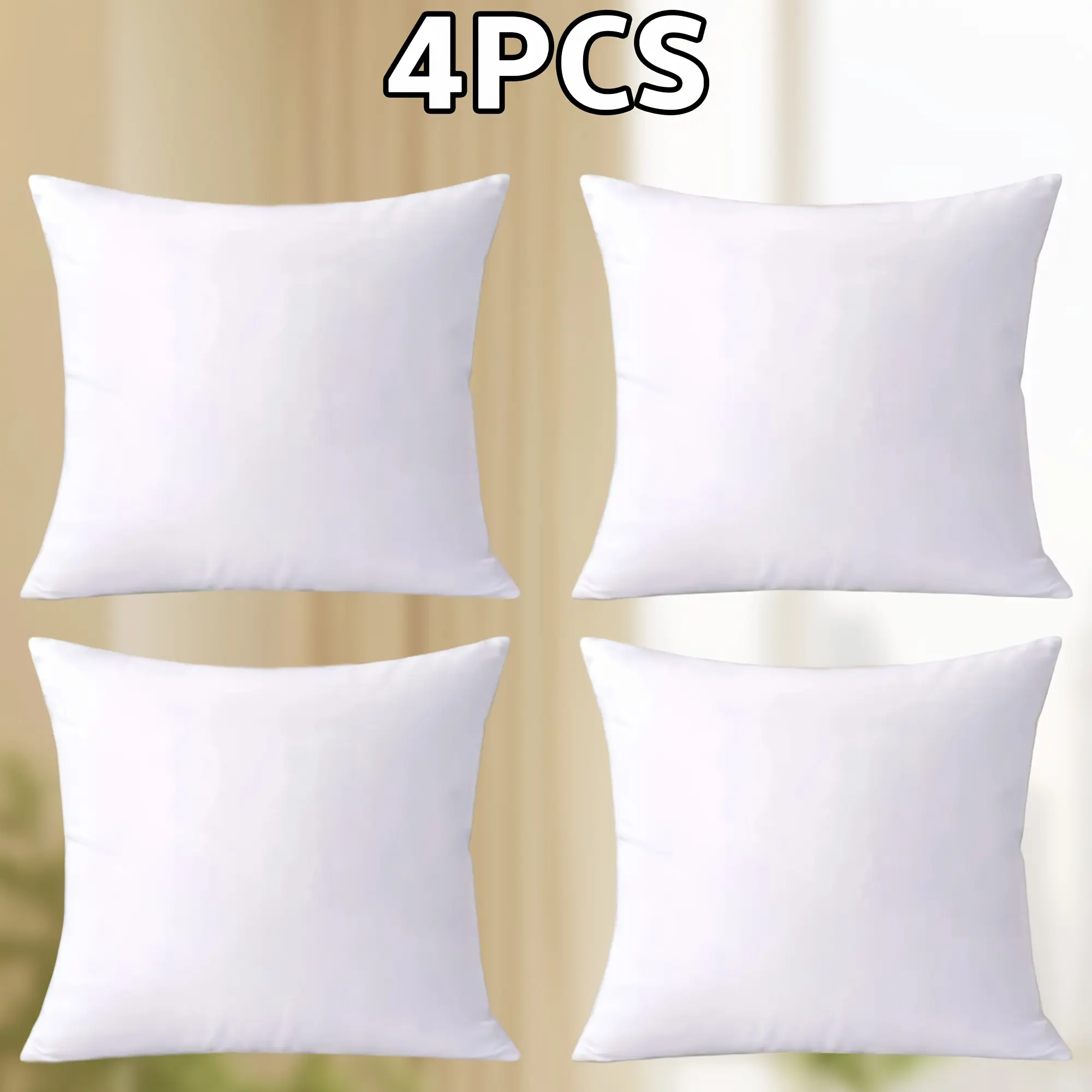 4pcs High Quality Fluffy Square Pillow Cores with Zipper, Plump Cushion Inserts, Machine Washable Easy to Clean, Suitable for Sofa Bed Patio Indoor & Outdoor, 5 Sizes Available, Ideal Family Gift Choice