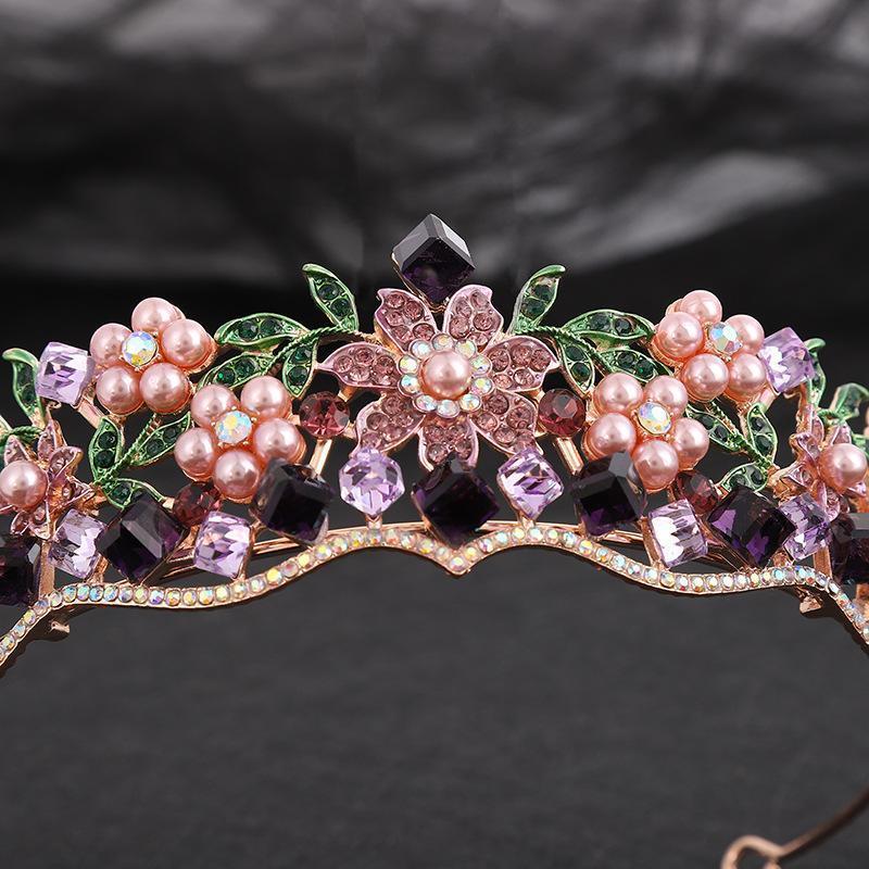 Baroque Purple Crystal Wedding Crown for Women Rhinestone Pearls Tiaras and Crowns Queen Bride Headdress Girls Hair Jewelry
