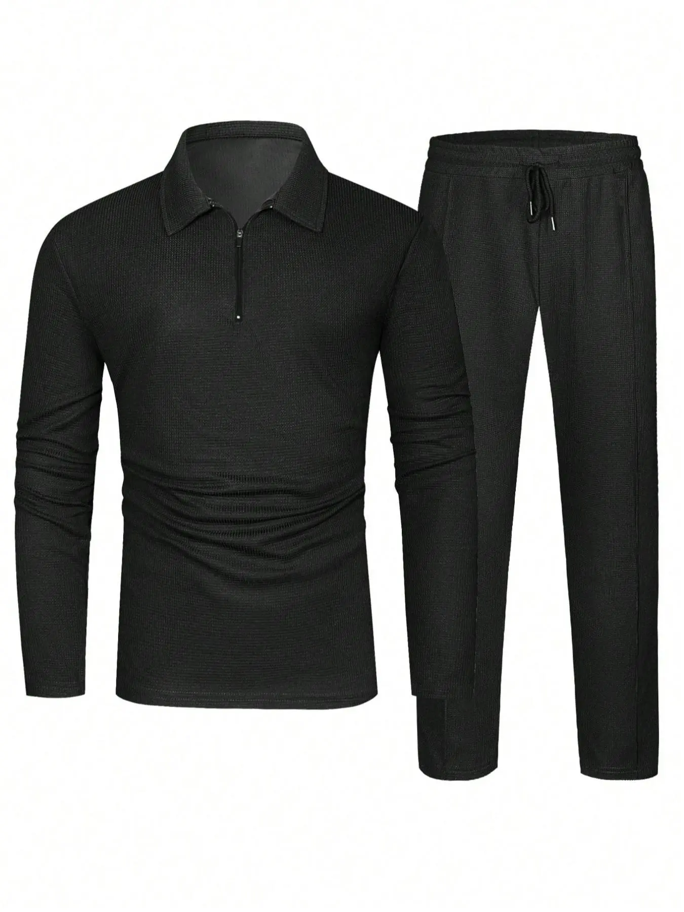 Men's Solid Plain Textured Long Sleeve Polo Shirt & Drawstring Waist Pants Set, Regular Fit Quality and Comfort Casual Zipper Top & Pocket Trousers, Men's Two-piece Outfits