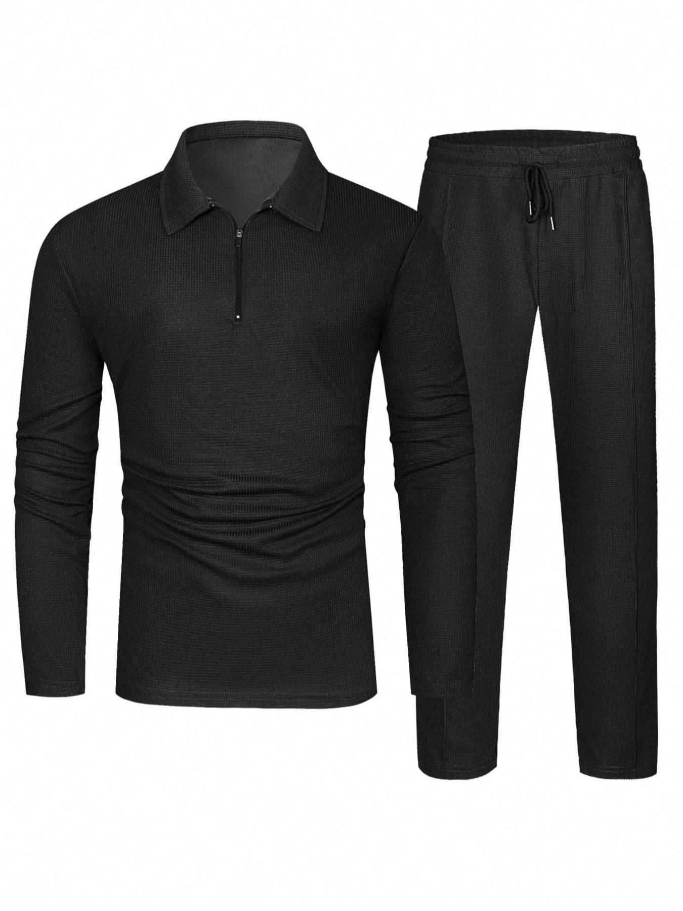 Men's Solid Color Zip Polo Shirt and Drawstring Waist Pants Set, Stylish Long Sleeve Top with Practical Pocket Design for Casual Sports