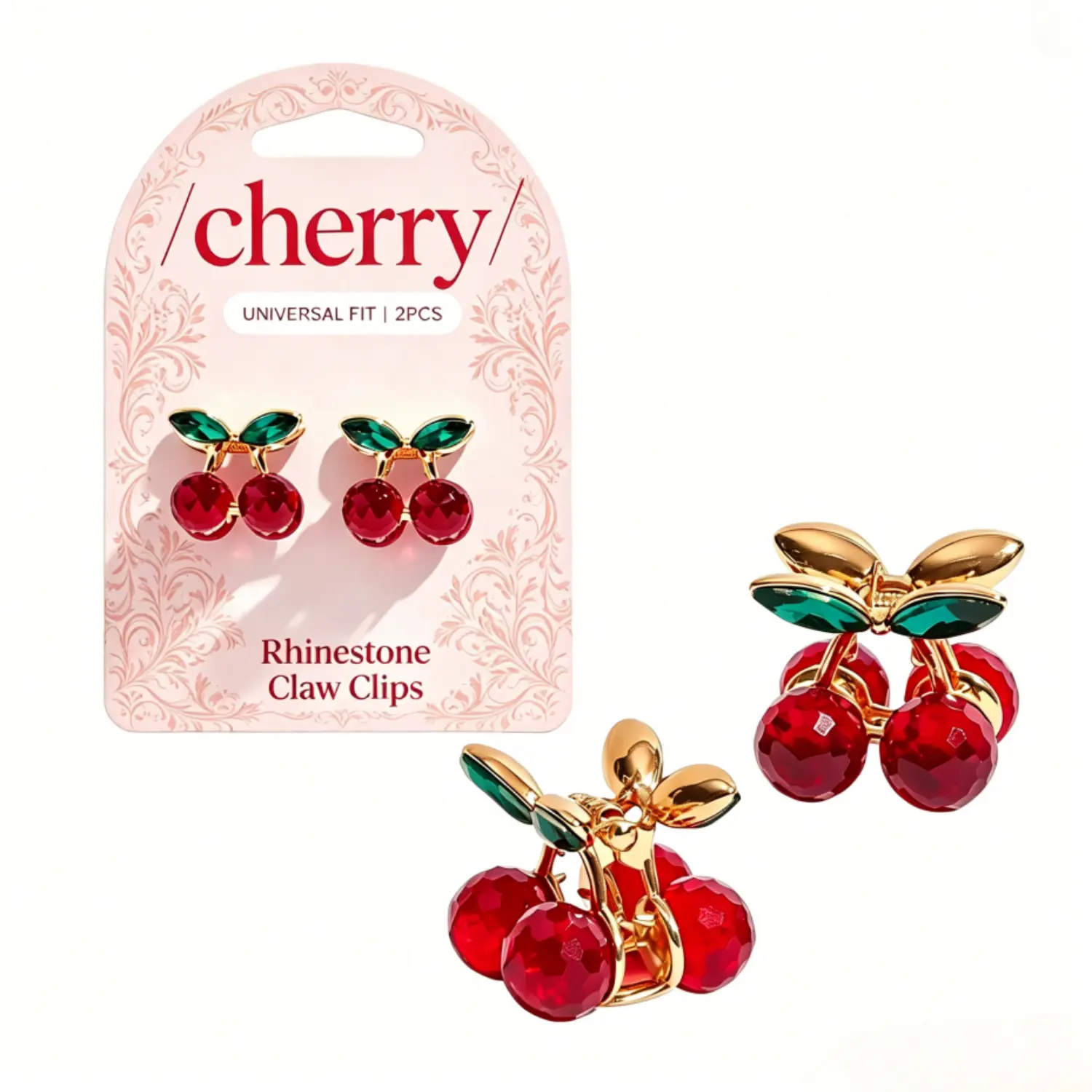 Sweet Cherry Mini Claw Clips for Women, 2-Piece Casual Claw Shape Hair Accessory Set for Everyday Wear, Female, Plastic, Cherry Print, Clip Mechanism Hair Claws