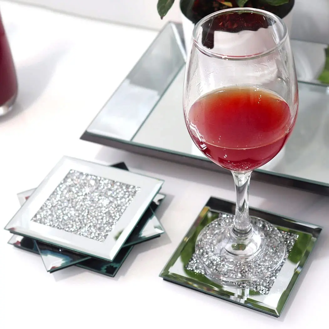 4pcs Square Crystal Shattered Diamond Glass Cup Mats, Elegant Tableware Accessories, Durable & Stylish Design, Perfect for Home Decor