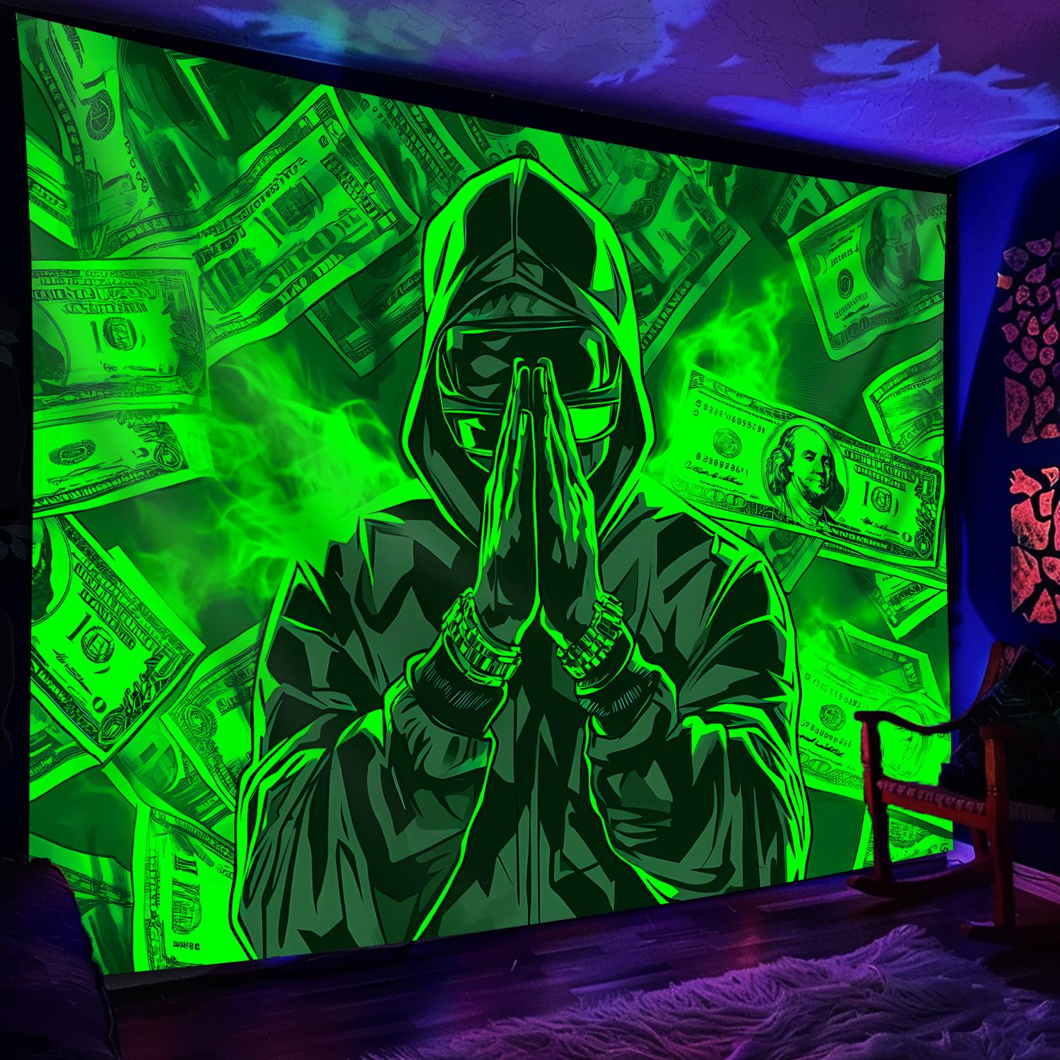 Tapestry Glow-in-the-Dark Money Prayer Tapestry - Large Fluorescent Print Wall Hanging with Hooded Figure & Cash Design, Perfect for Bedroom, Party Decor, and Home Accent - Easy Install, No Power Needed, Bedroom Decor