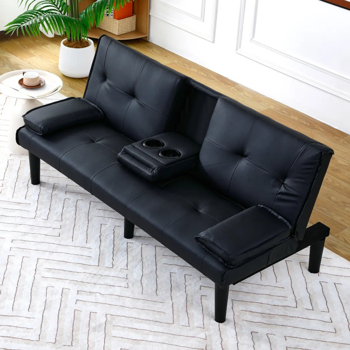 67" Width Minimalist Black PVC Multi-Use Sofa Bed - Foldable Design, Cup Holder, Seats 2, Simple Setup for Living Room to Guest Room Conversion