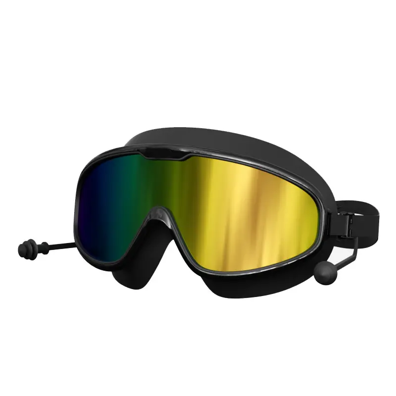 Prescription Myopia Anti-Fog Swimming Goggles with Ear Plugs, Large Frame HD Clear Waterproof Swim Glasses for Men Women, Comfort Soft No Tight Eye Socket Adjustable Myopia Swim Eyewear for Adult Pool Training Beach Water Sports