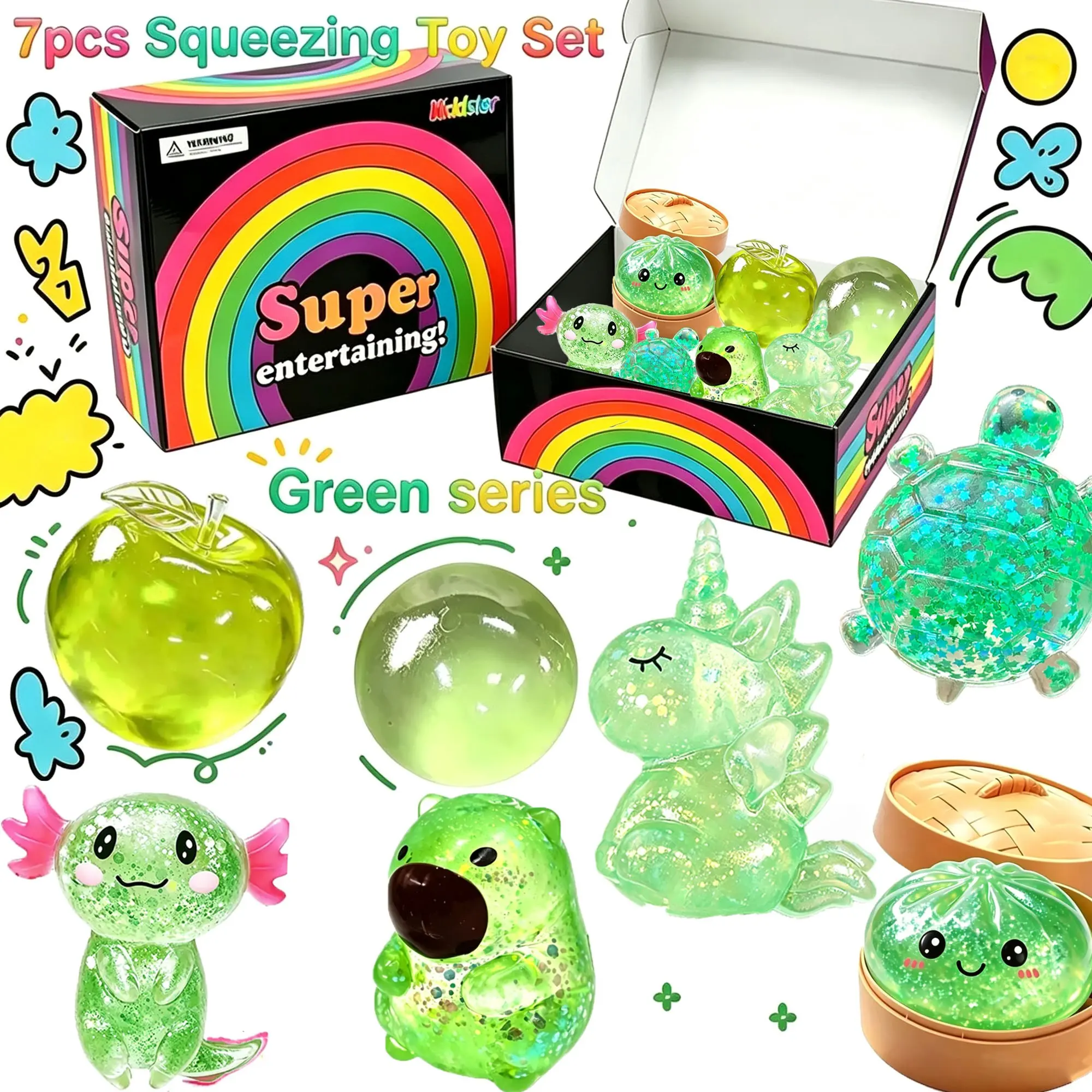 7 Pack Green Series Glitter Squeeze Stress Relief Toys, Sensory Squishy, Soft Portable Sensory Fidget Balls, Apple, Round Ball, Tortoise, Capybara, Unicorn Soft Cute Toys, Birthday & Party Gifts for Kids Adults Anxiety Relief