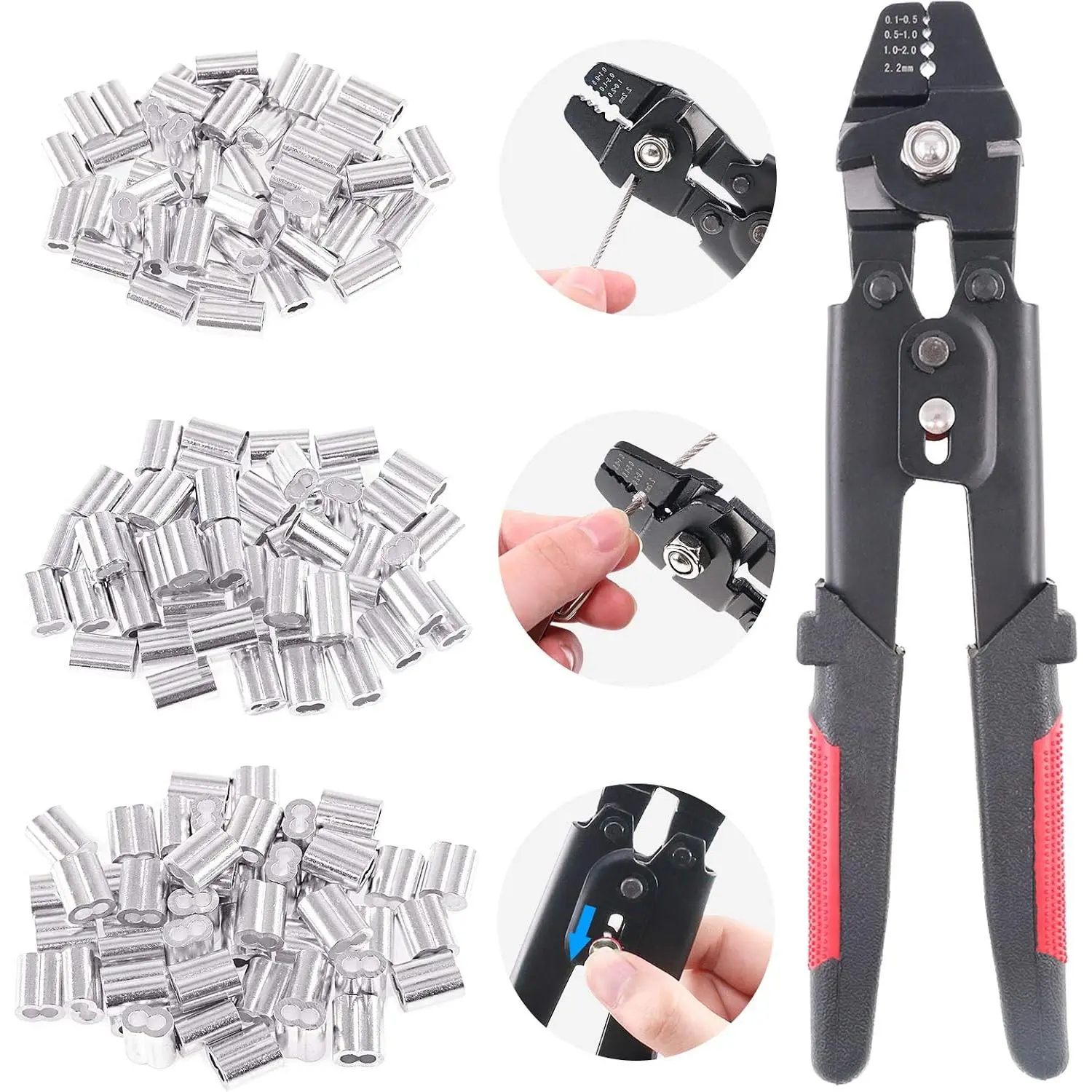 Up To 2.2mm Wire Rope Crimping Tool Wire Rope Swager  Fishing Crimping Tool With 180 count 1.2/1.5/2mm  Double Barrel Ferrule Crimping Loop Sleeve Kit