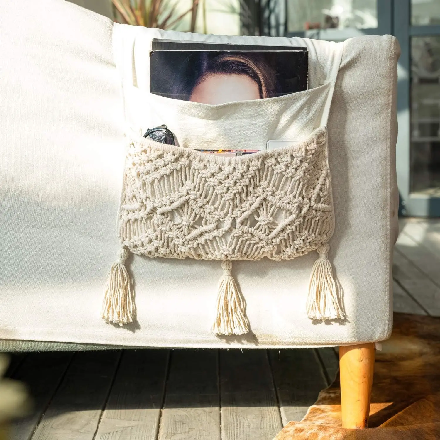 Beige Cotton Adjustable Macrame Couch Organizer - Remote Control Caddy, Sofa Armrest Storage Holder Bag for TV Remotes, Magazines, Phones, iPads, Boho Living Room Decor, Christmas Gift