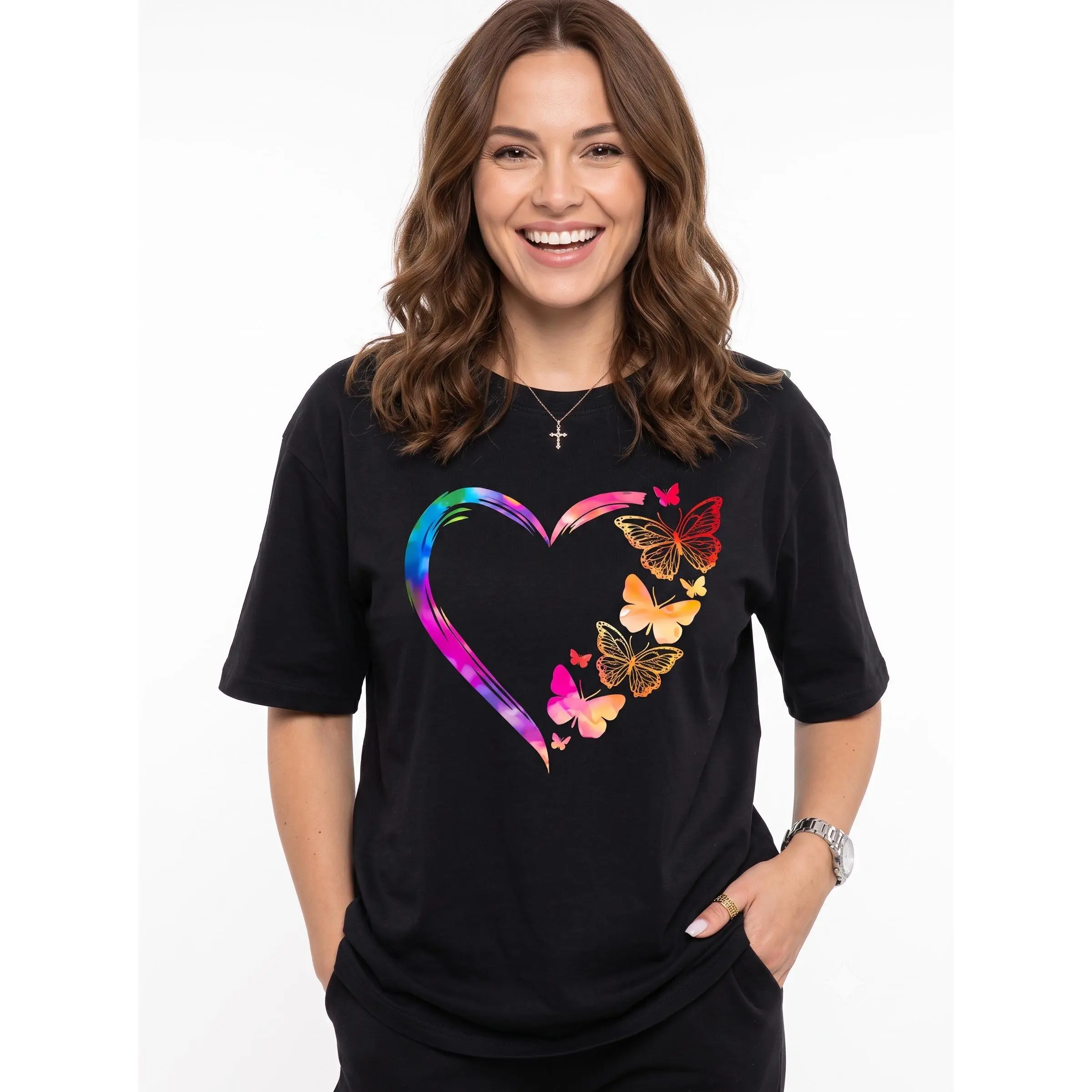 Unisex Drop Shoulder Graphic Tshirt, Shortsleeve Athletic Streetwear with Funny Slogan, Butterfly Heart Print, Pop Culture Vibe