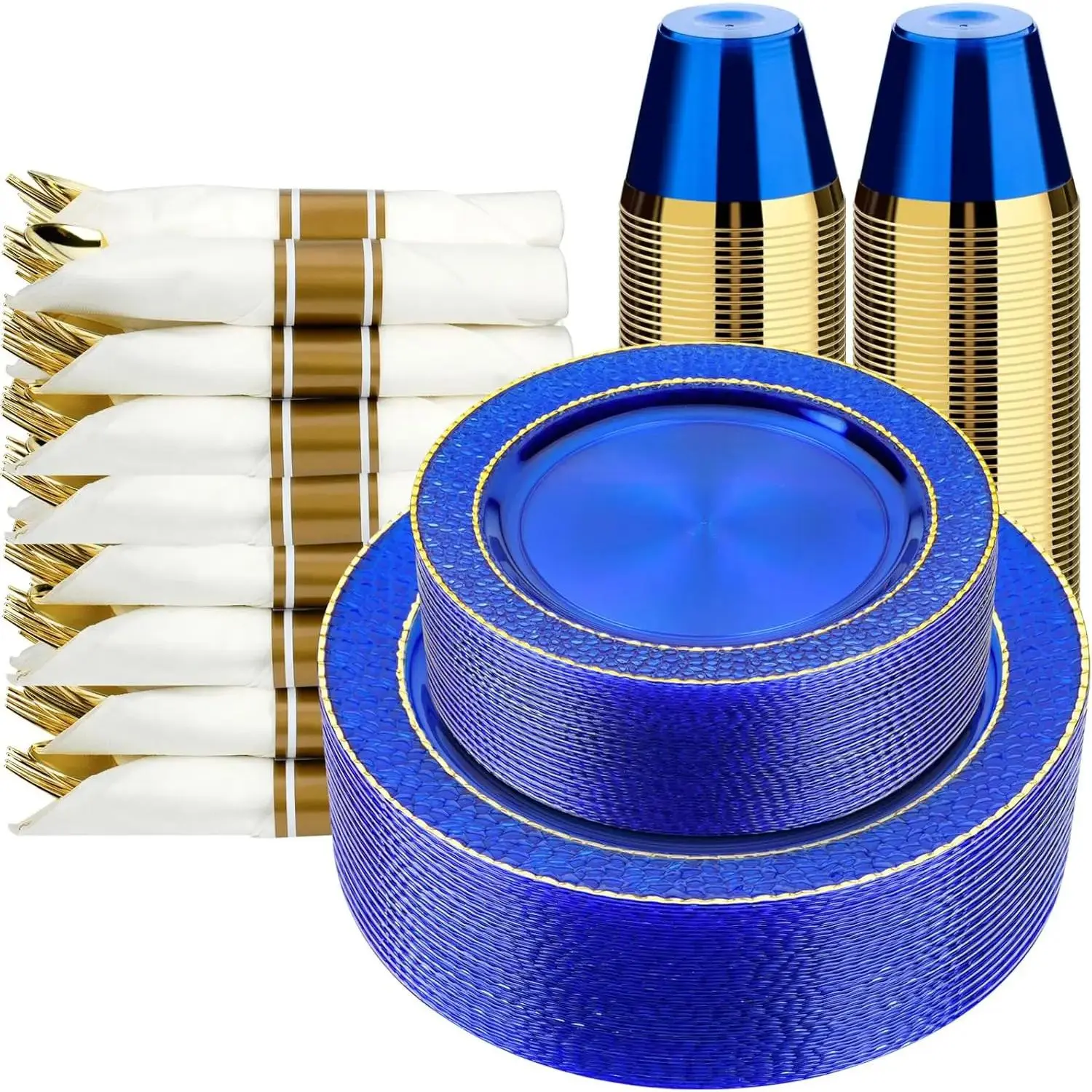 350 Clear Blue Plastic Plates for 50 Guests, Disposable Dinnerware Set for Party and Graduation, Includes 100 Plastic Plates, 50 Pre Rolled Napkins with  Silverware, 50 Cups
